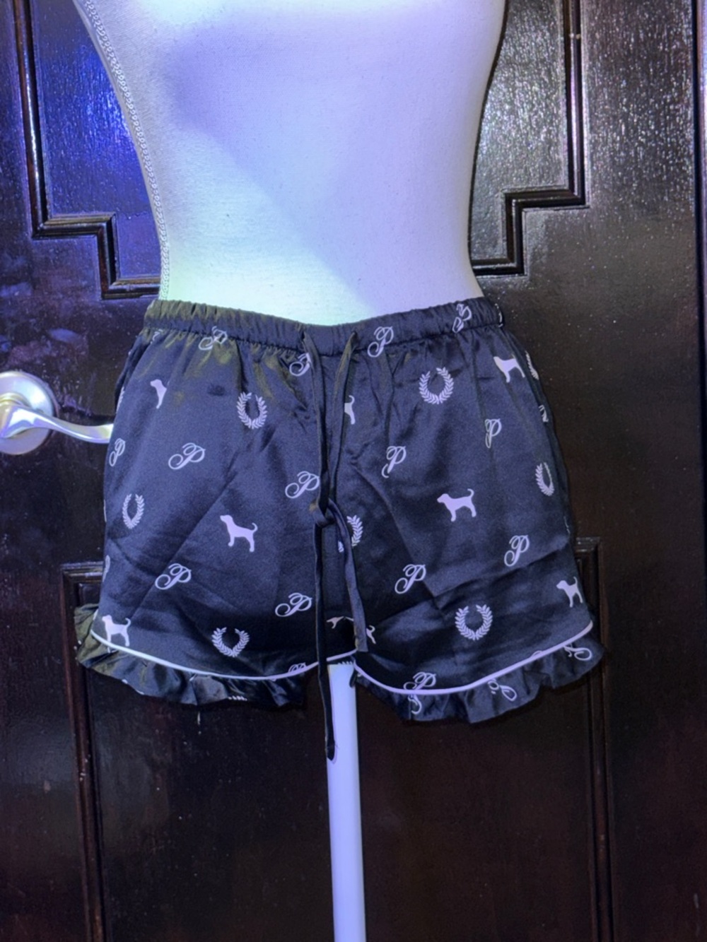 Pink Rose Black Satin Cargo Shorts with White Logo Print